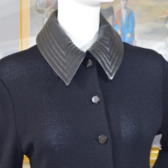 Black Lambskin Santana Knit  Blazer with removable leather collar - Picture 4 of 8
